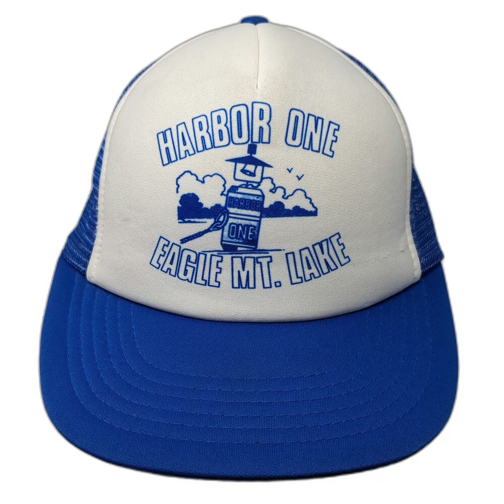 Designer Award Trucker Hat Blue White One Size Snapback Harbor Eagle Mt Lake